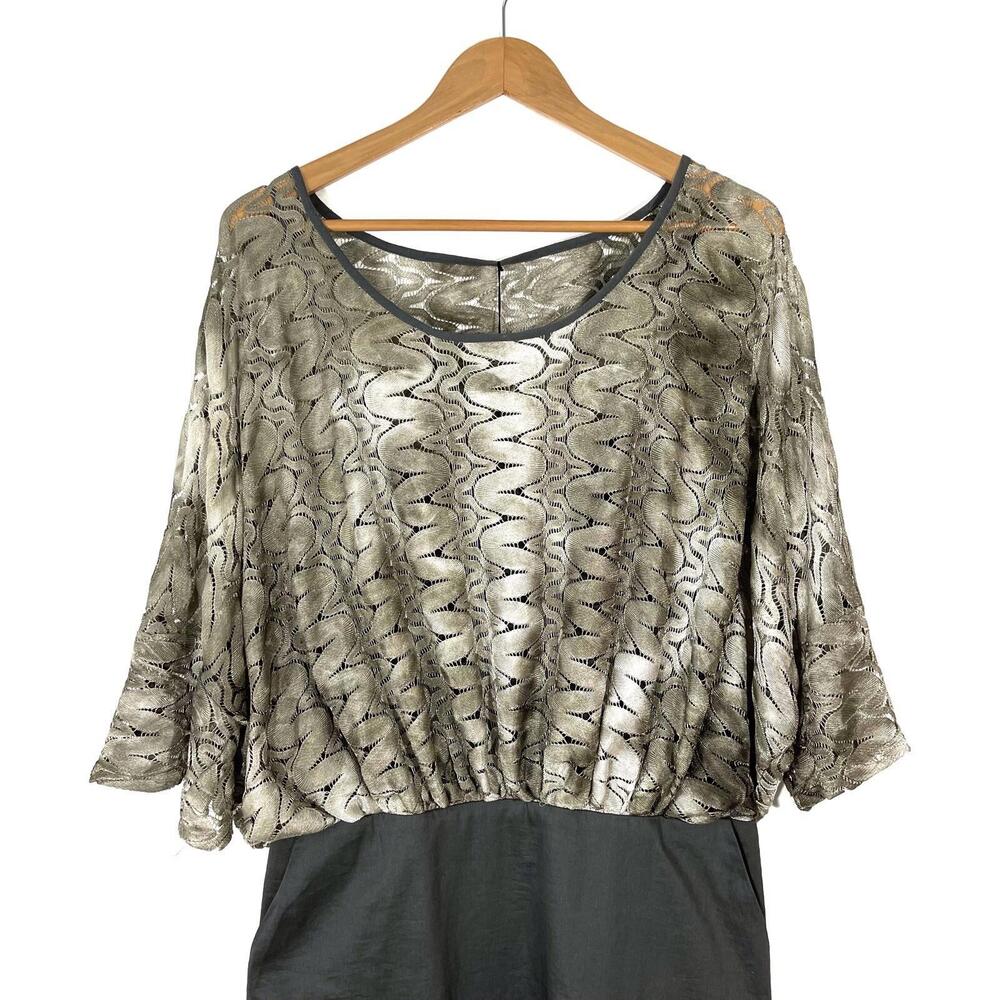 Black Halo Women’s Size 12 Large Grey Metallic Lace Blouson Top Dress Pockets - Picture 2 of 12